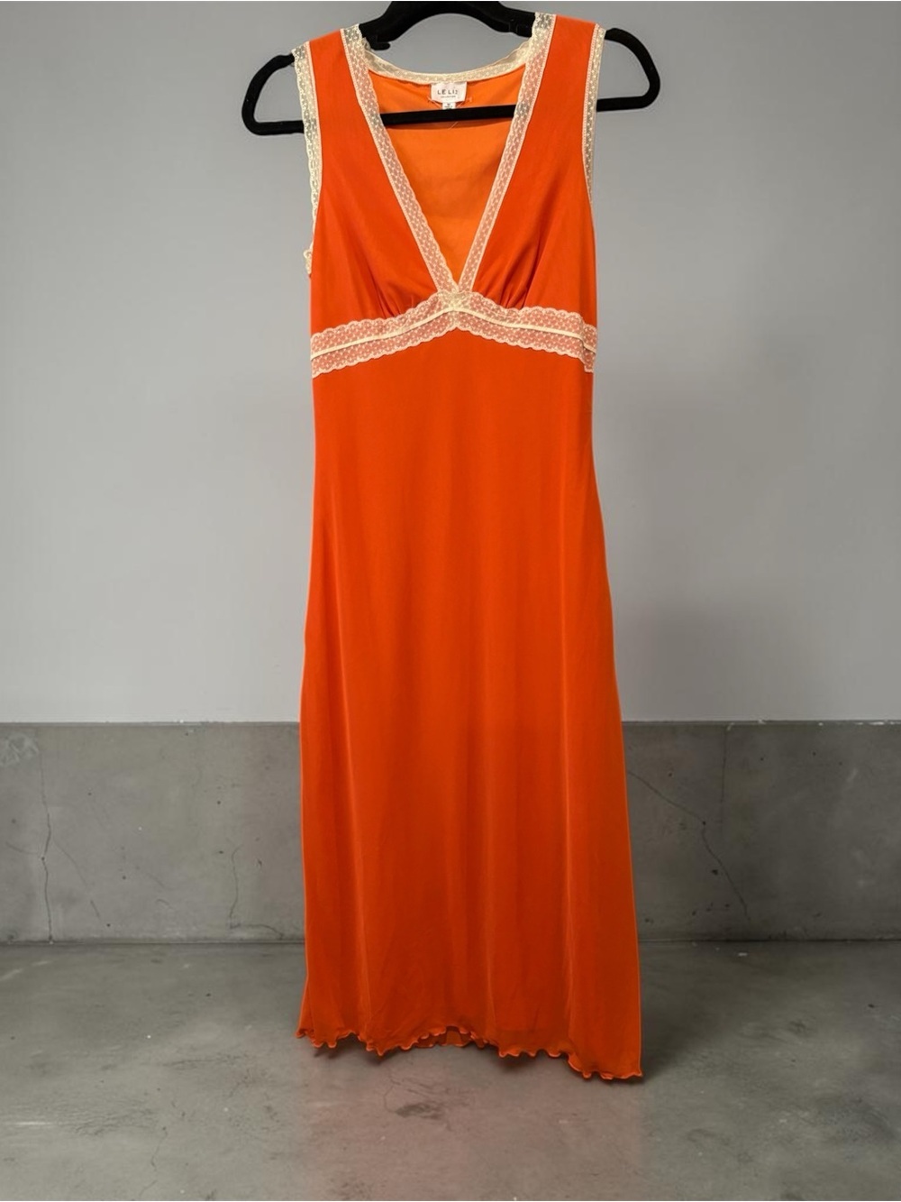 Le Lis Orange Midi Dress with Cream Lace Trim
